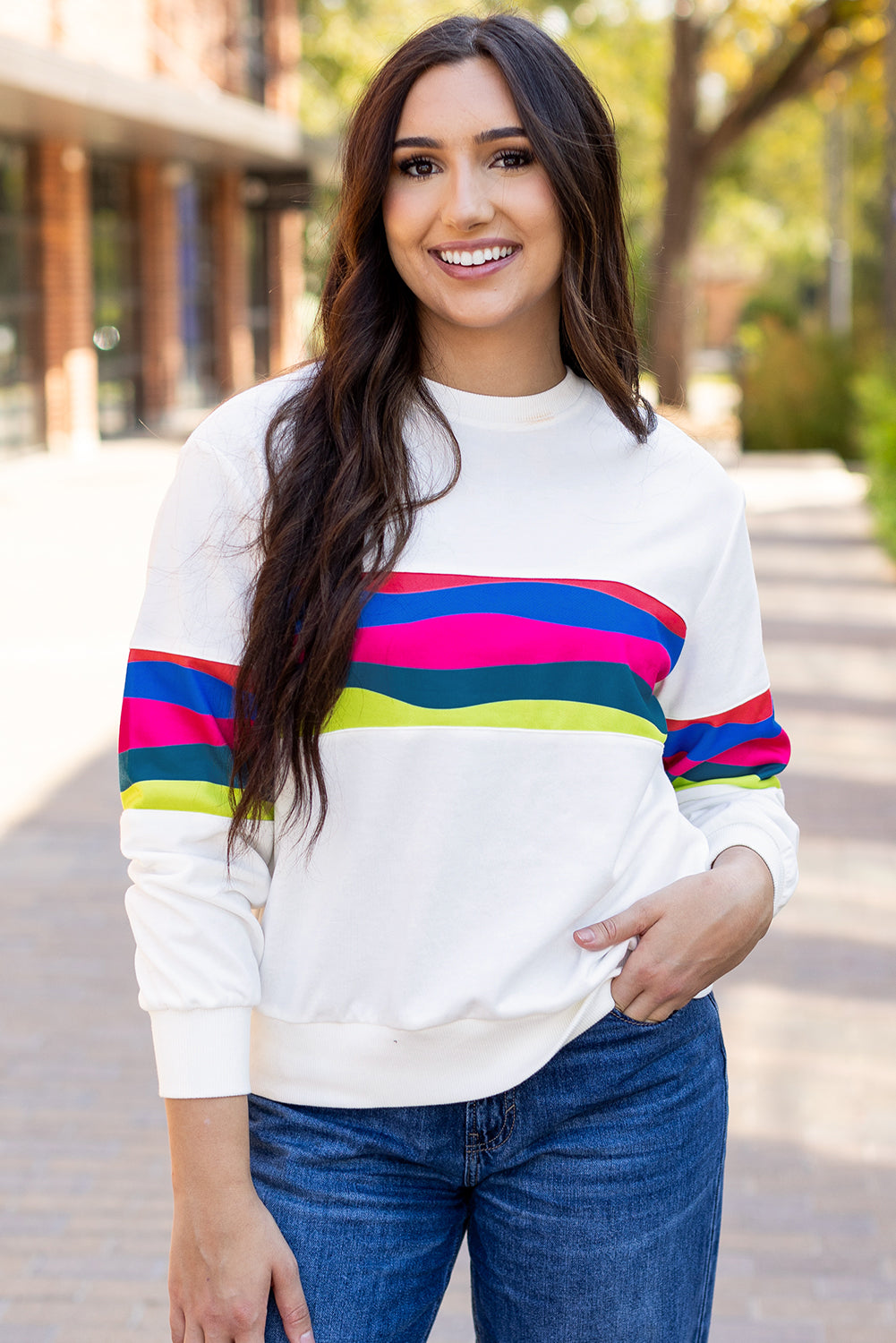 Green Colorful Striped Accent Long Sleeve T Shirt White 70%Polyester+30%Cotton
