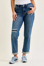 Judy Blue Mid Rise Embroidered Repair Patch Boyfriend Denim Jeans 881071 MD