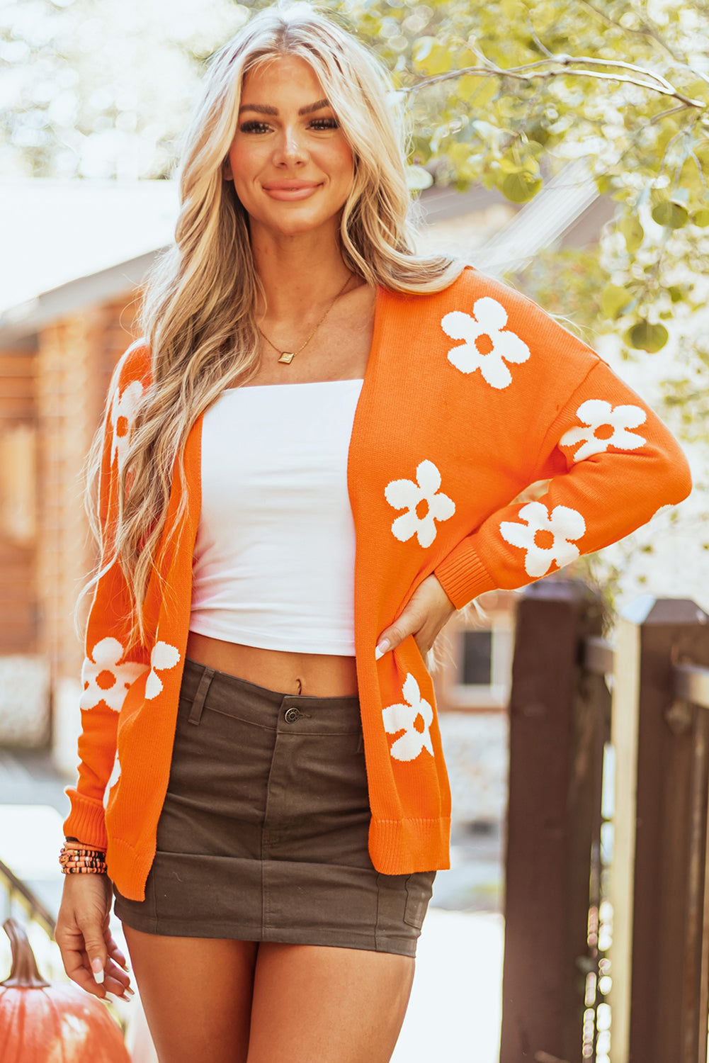 Orange Floral Print Knitted Open Front Loose Cardigan Orange 55%Acrylic+45%Cotton
