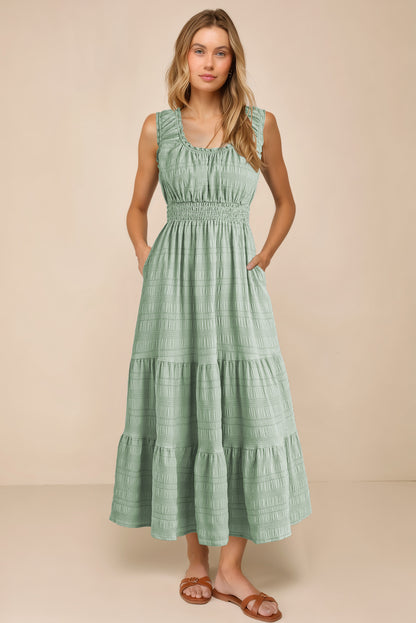 Apricot Shirred Pleated Square Neck Sleeveless Midi Dress