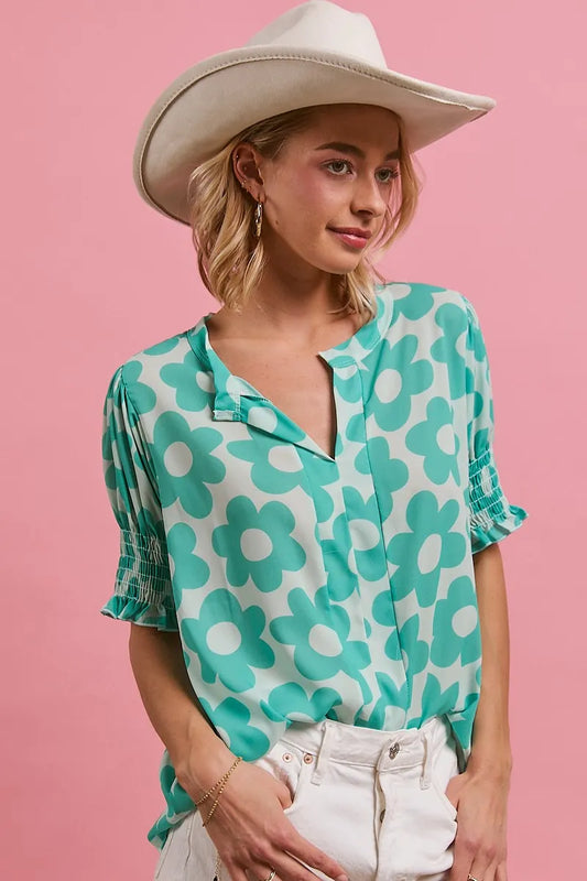 BiBi Flower Printed Woven Smocking Sleeves V Neck Top MINT