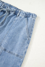 Gray Drawstring Seam Detail Raw Hem Wide Leg Jeans