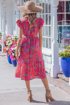 Rose Flutter Sleeve Belted Floral Long Dress