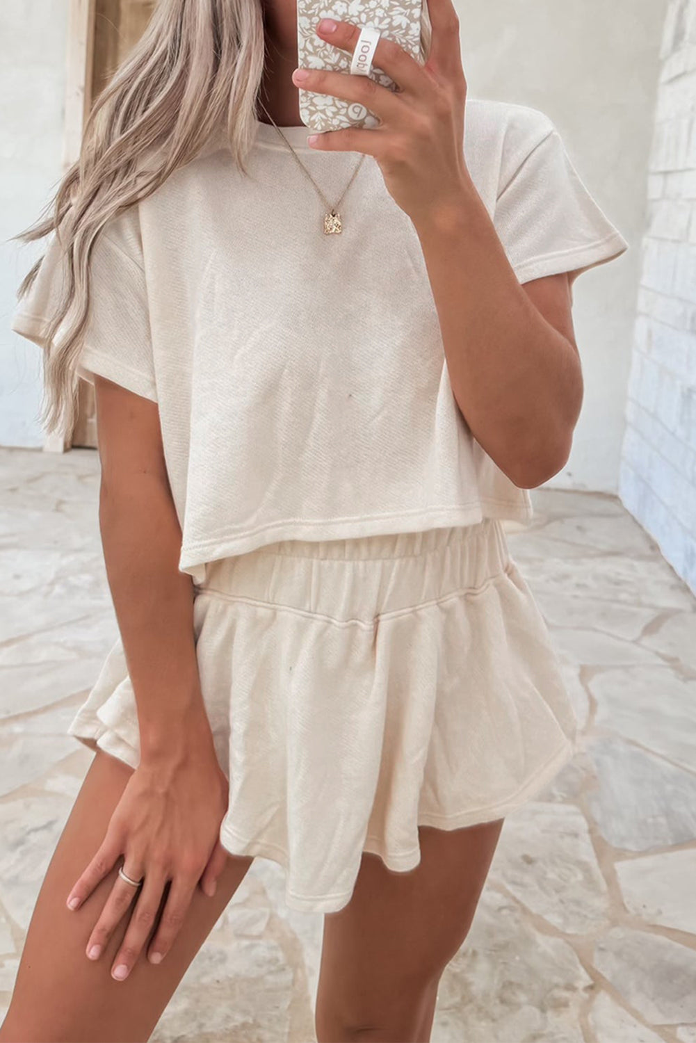 Black 2pcs Cropped Tee and Ruffle High Waist Skort Set Beige 75%Polyester+20%Cotton+5%Elastane