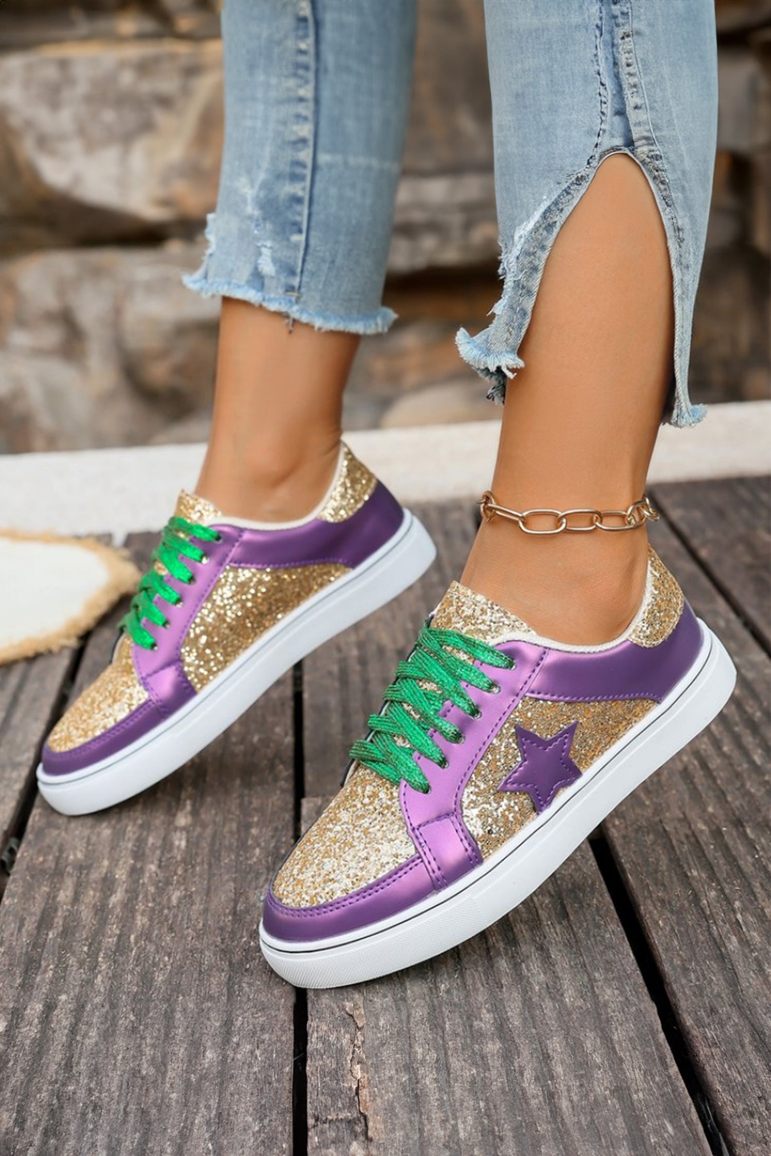 Dearlove Gold Glitter Star Patchwork PU Leather Lace-up Sneakers Tillandsia Purple 70%PVC+30%PU