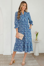 Sky Blue Floral Printed Frilled V Neck Bracelet Sleeve Long Dress Sky Blue 55%Cotton+45%Viscose