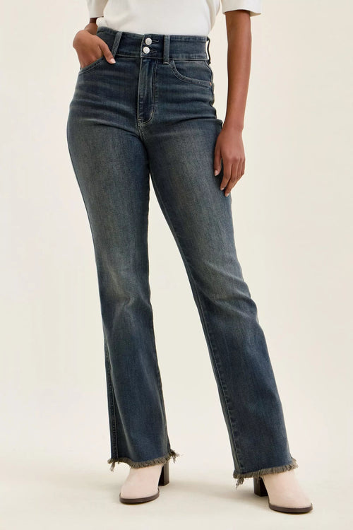 Judy Blue High Waist Double Button Frayed Hem Jeans MD