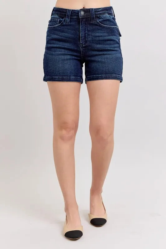 Judy Blue High Waist Back Flap Pocket Dark Wash Denim Shorts