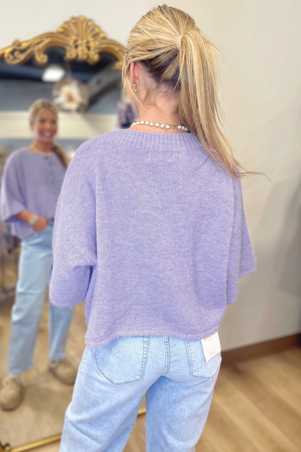 Beau Blue 3/4 Sleeve Boxy Knit Button Down Sweater Cardigan