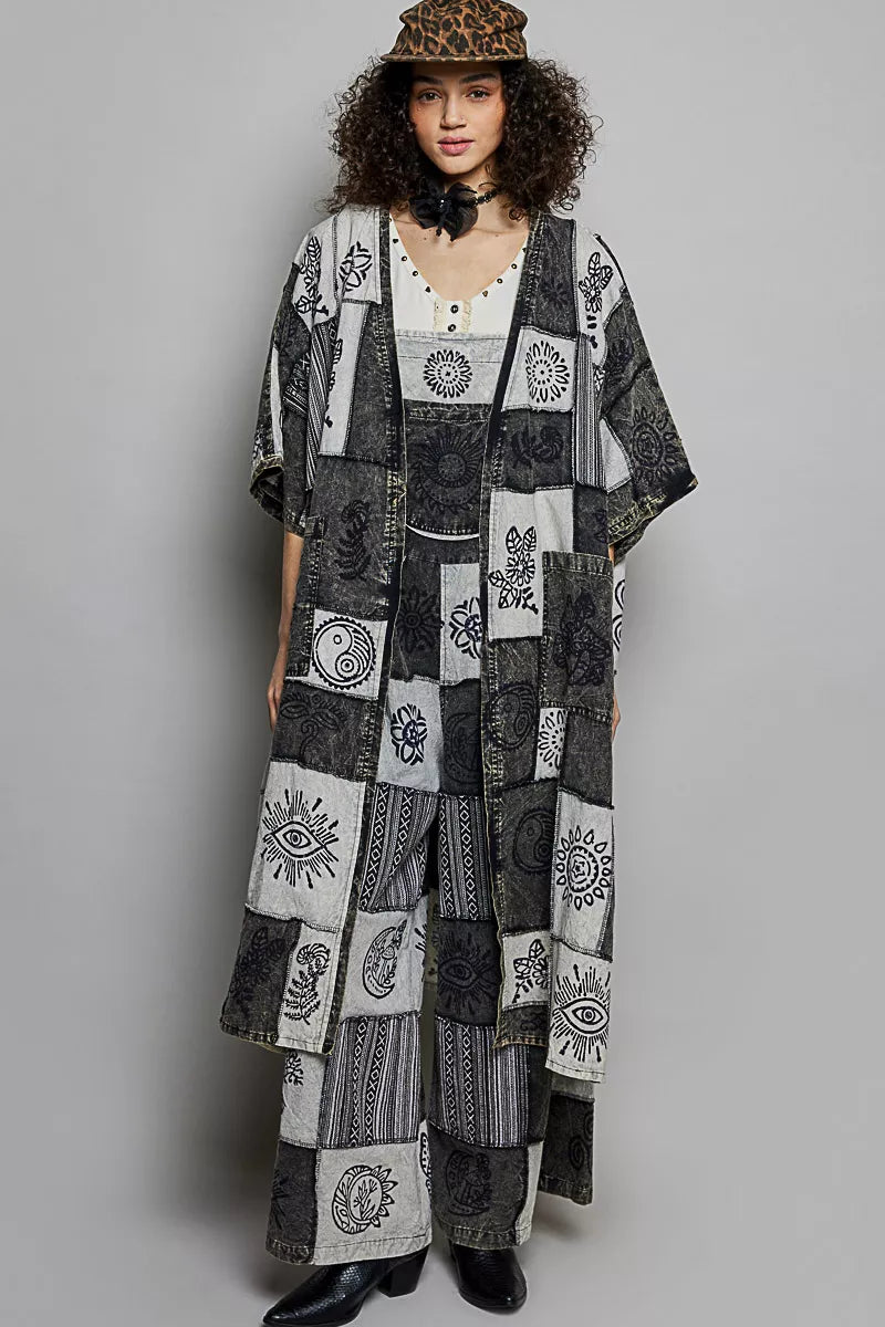 POL Open Front Printed Patchwork Longline Cardigan BLACK MULTI One Size