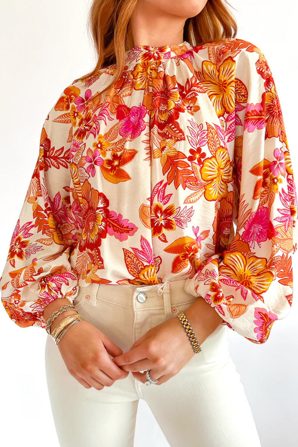 Orange Floral Print Pearl Button Keyhole Long Puff Sleeve Blouse Orange 81%Viscose+19%Polyamide