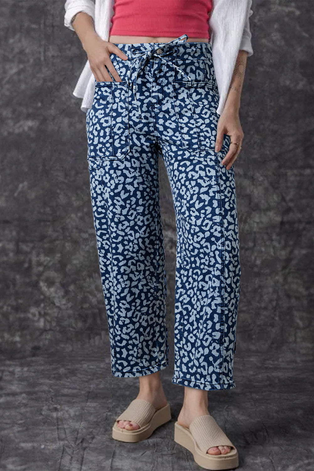Khaki Leopard Printed Drawstring Elastic Waistband Pocketed Barrel Jeans Blue 65%Cotton+33%Polyester+2%Elastane
