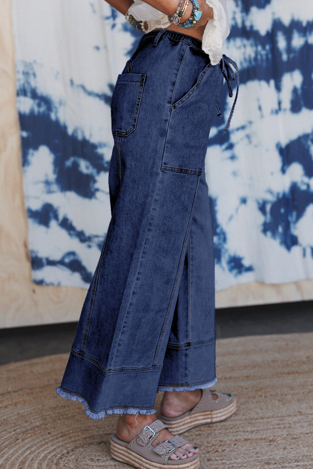 Gray Drawstring Seam Detail Raw Hem Wide Leg Jeans