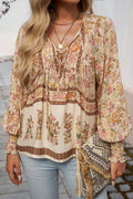 Yellow Floral Print Tie Neck Lantern Sleeve Blouse Yellow 100%Polyester