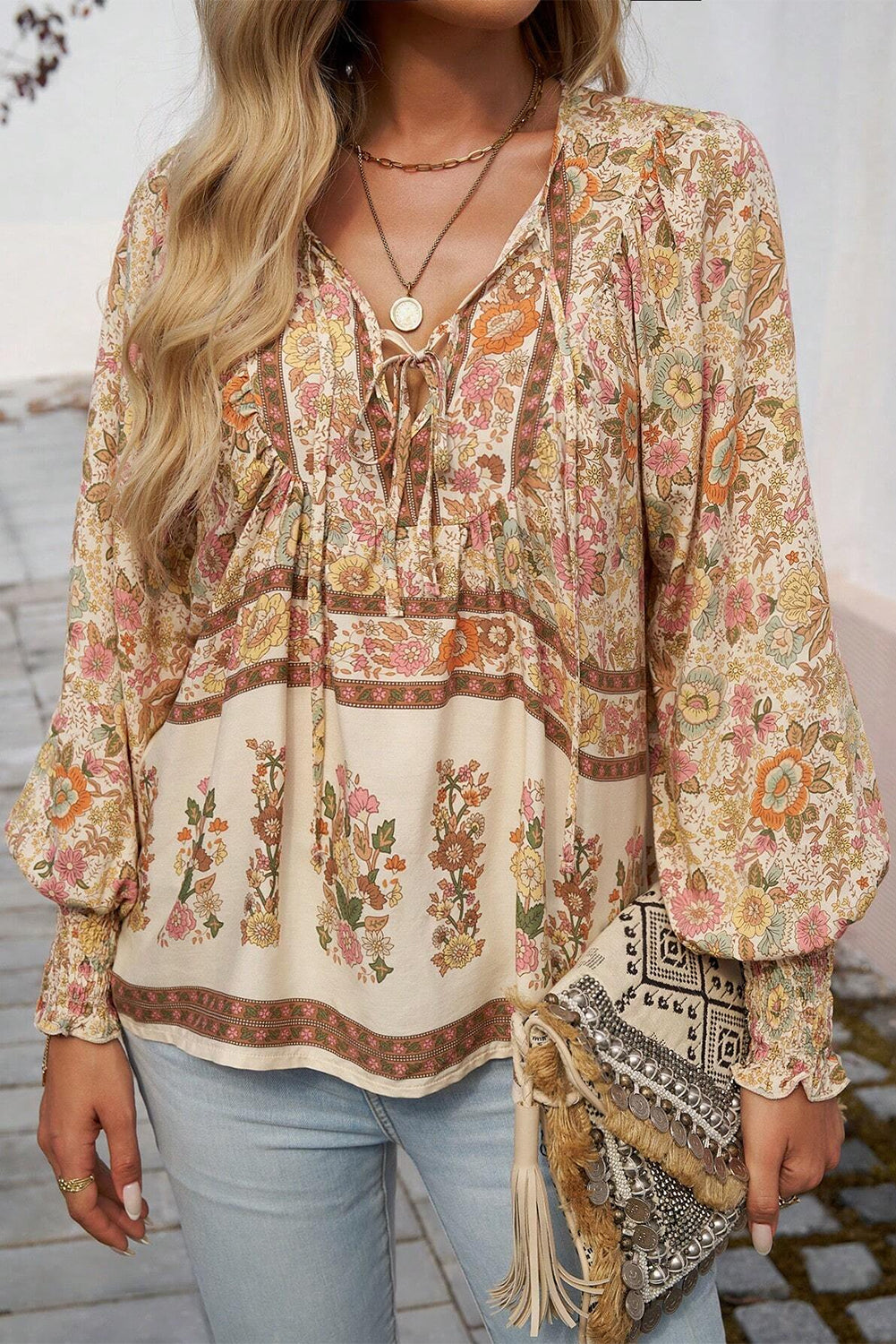 Yellow Floral Print Tie Neck Lantern Sleeve Blouse Yellow 100%Polyester