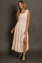 Apricot Shirred Pleated Square Neck Sleeveless Midi Dress