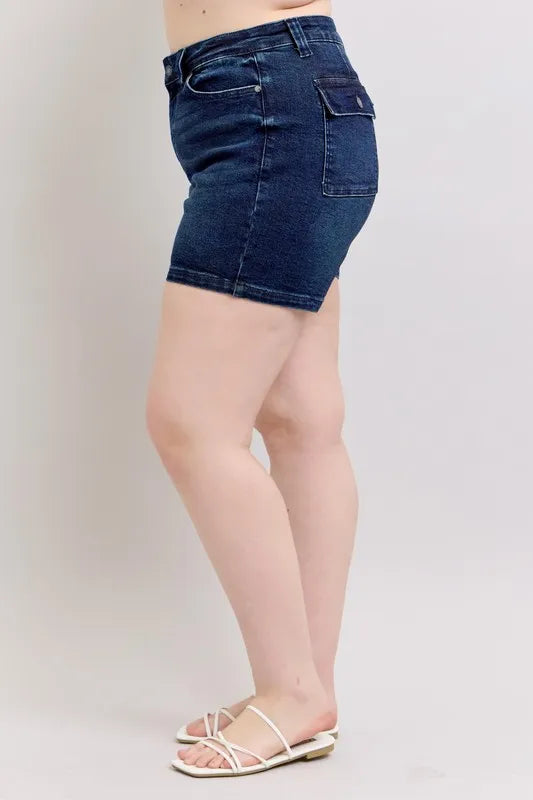 Judy Blue High Waist Back Flap Pocket Dark Wash Denim Shorts