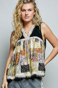 POL Floral V-Neck Sheer Tank with Lace Trim BLACK