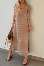 Black Stripe Casual Short Sleeve Side Slit Maxi T Shirt Dress Khaki Stripe 95%Cotton+5%Elastane