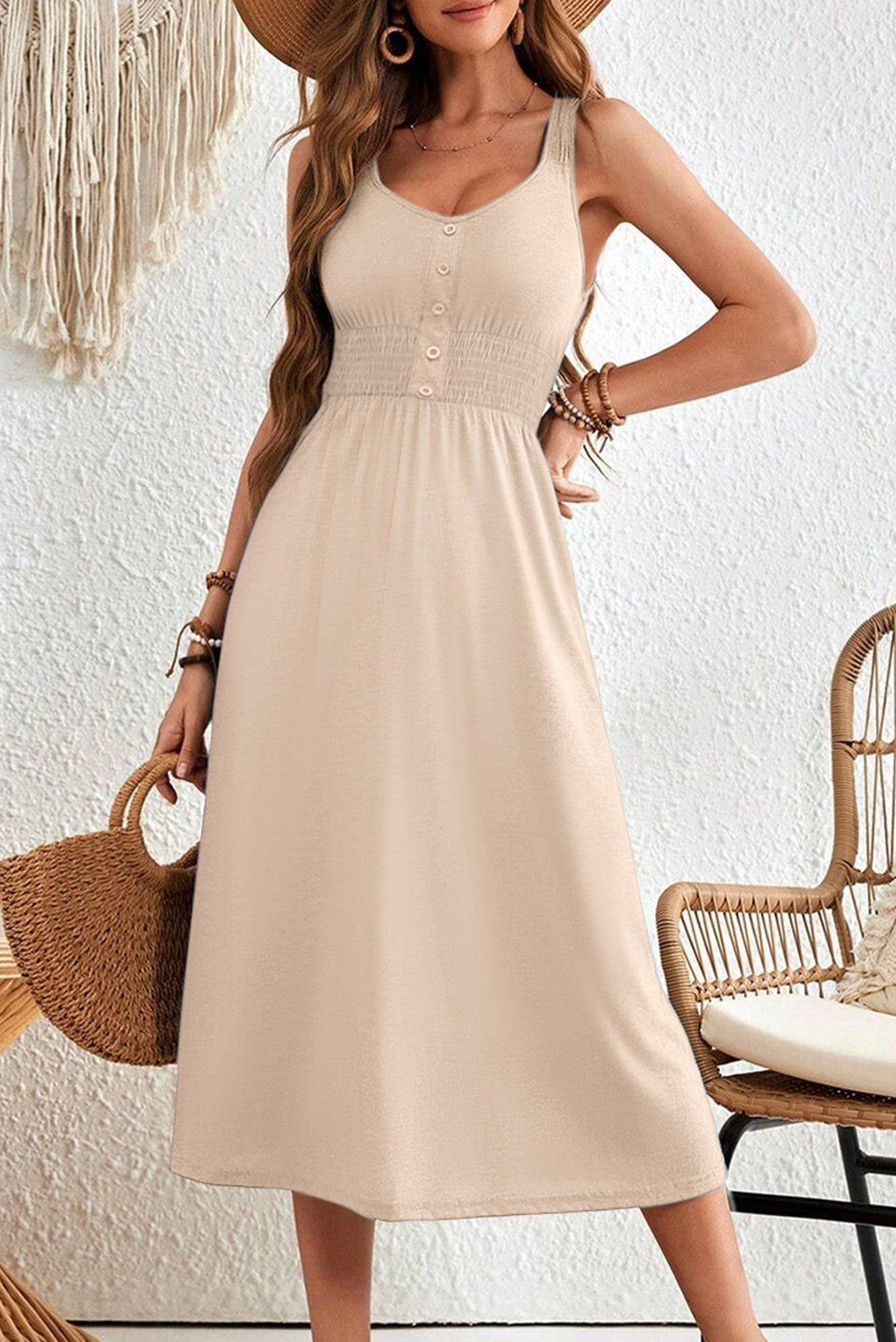 Apricot Button Shirred High Waist Sleeveless Midi Dress Apricot 65%Polyester+30%Viscose+5%Elastane