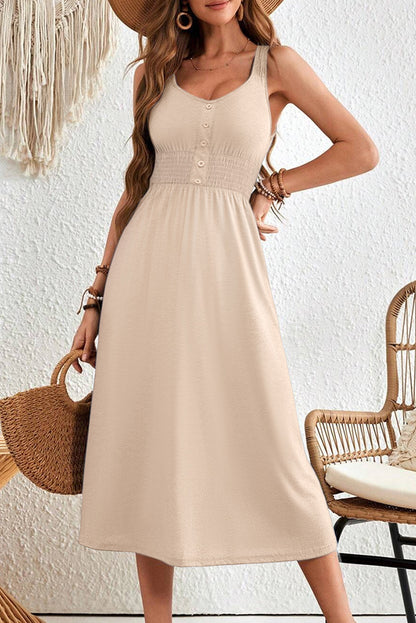 Apricot Button Shirred High Waist Sleeveless Midi Dress Apricot 65%Polyester+30%Viscose+5%Elastane