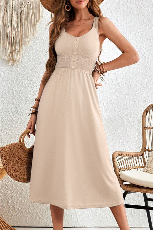 Apricot Button Shirred High Waist Sleeveless Midi Dress Apricot 65%Polyester+30%Viscose+5%Elastane