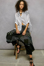 POL Button Down Embroidered Floral High-Low Hem Shirt