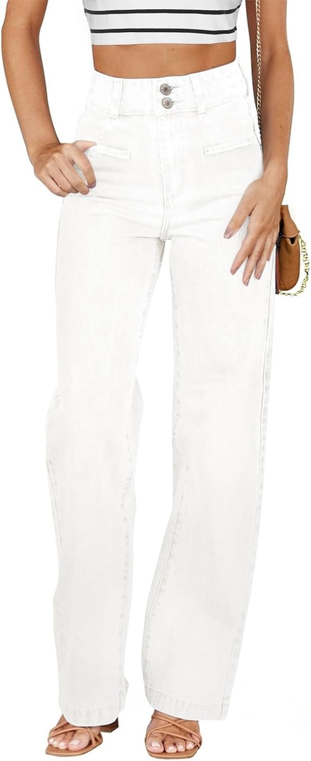 Sidefeel Women's Jeans High Waisted Straight Leg Stretchy Jeans Trendy Loose Wide Leg Zimbaplatinum Denim Pants with Pockets Cream White