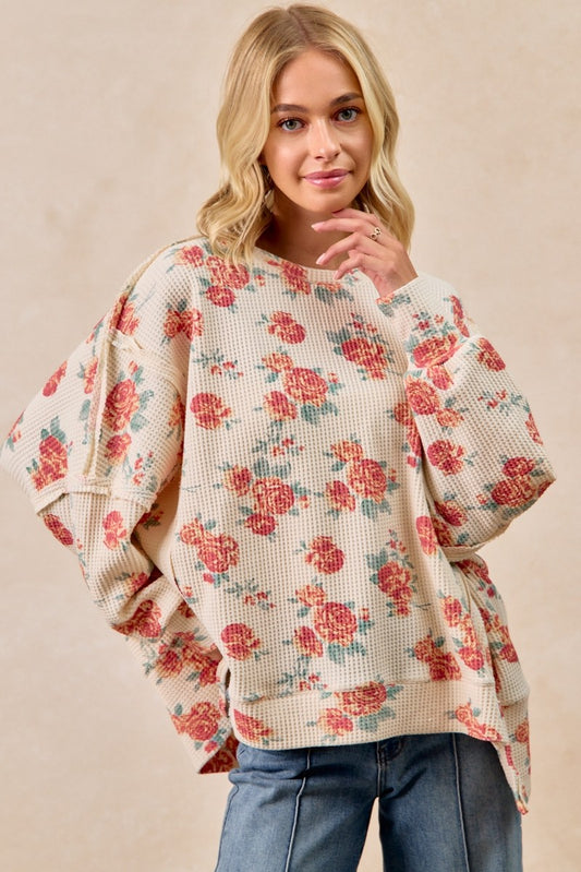 BiBi Floral Print Oversized Waffle Thermal Sweatshirt OATMEAL