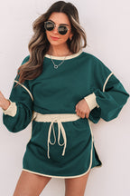 Evergreen Color Contrast Loose Pullover and Lace-up Waist Skort Set Evergreen 65%Polyester+35%Cotton