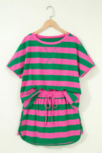 Rose Stripe Dolman Tee Drawstring Skort Athletic 2pcs Set