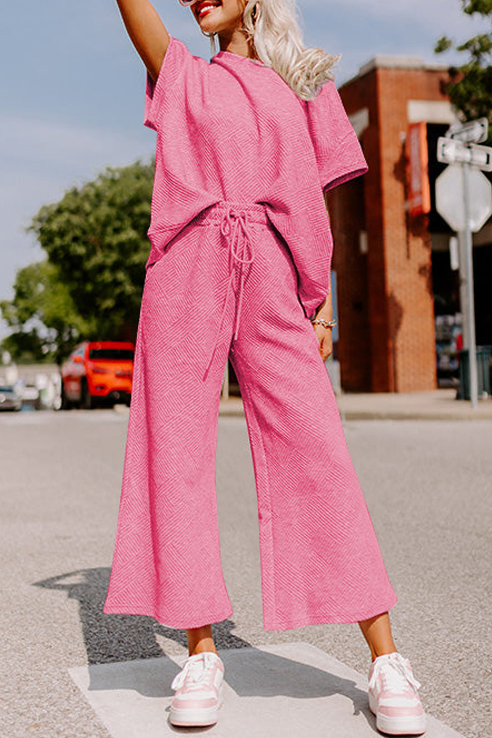 Strawberry Pink Textured Loose Fit T Shirt and Drawstring Pants Set Strawberry Pink 95%Polyester+5%Elastane