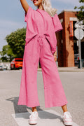Strawberry Pink Textured Loose Fit T Shirt and Drawstring Pants Set Strawberry Pink 95%Polyester+5%Elastane