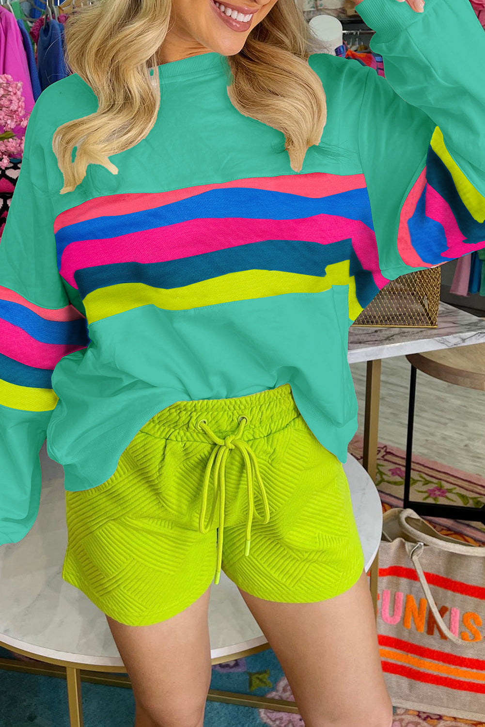 Green Colorful Striped Accent Long Sleeve T Shirt Green 70%Polyester+30%Cotton