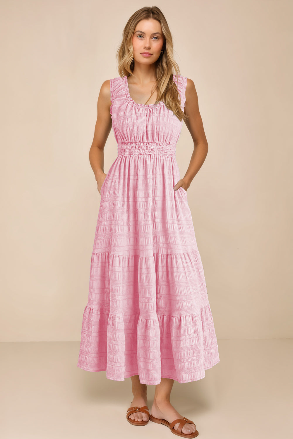 Apricot Shirred Pleated Square Neck Sleeveless Midi Dress