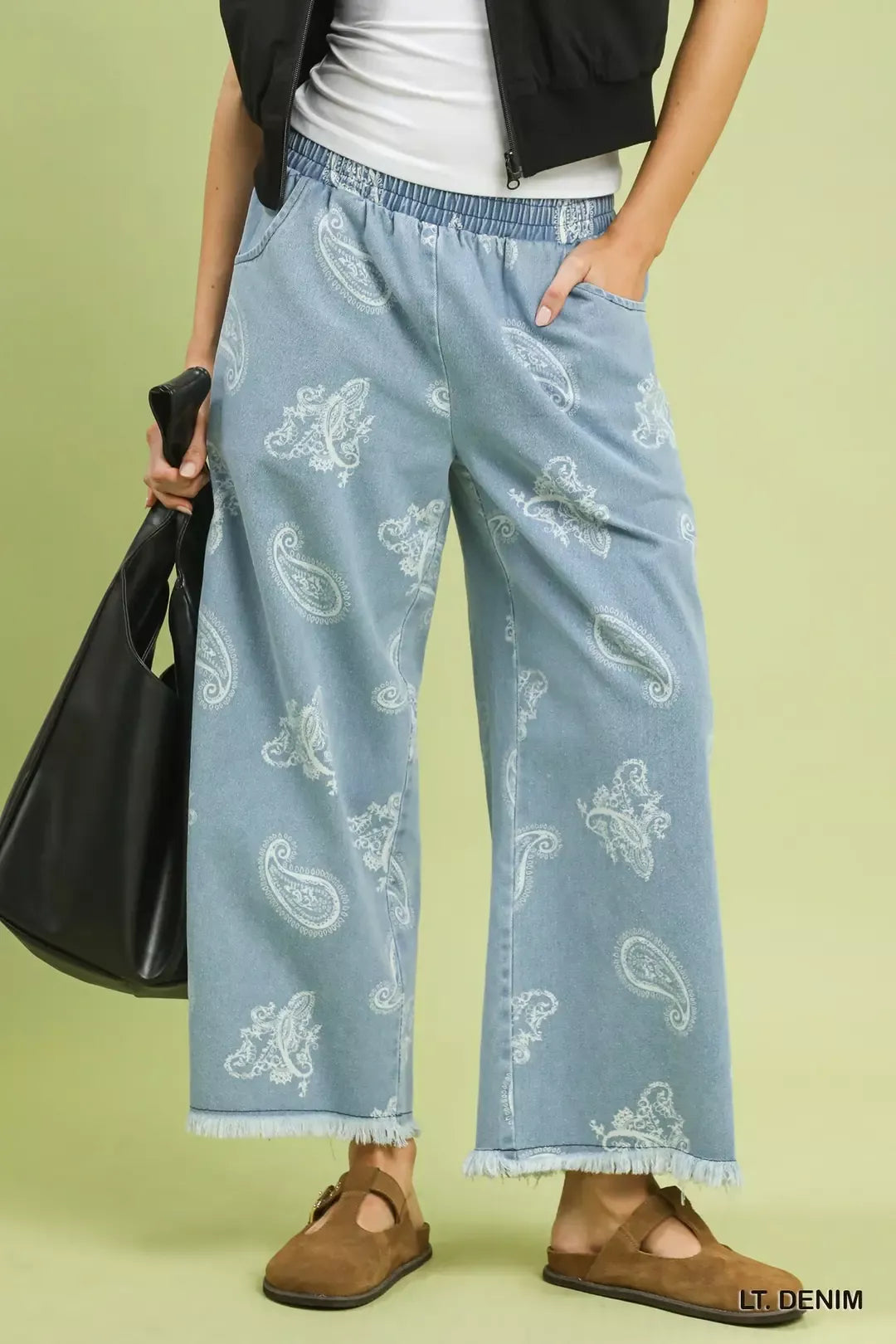 Umgee Denim Paisley Wide-Leg Pants LT. DENIM