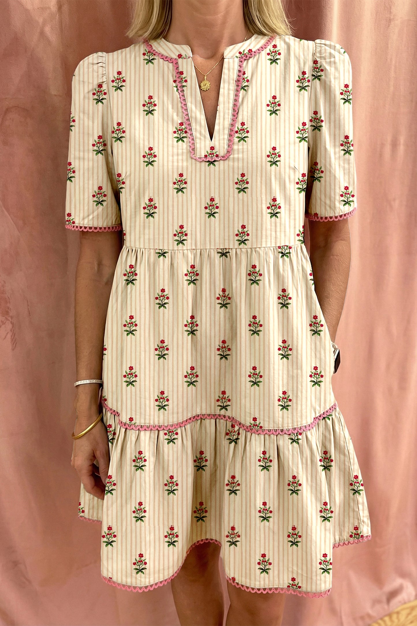 Apricot Striped Floral Print Contrast Detail Ruffle Hem Short Dress Apricot 100%Cotton