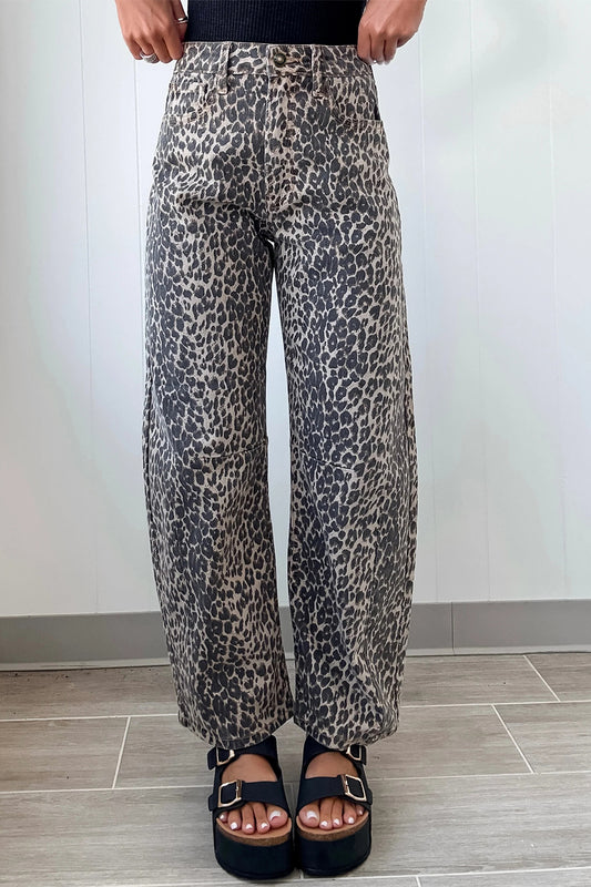 Black Leopard Print High Waist Barrel Jeans Black 60%Polyester+35%Cotton+5%Elastane