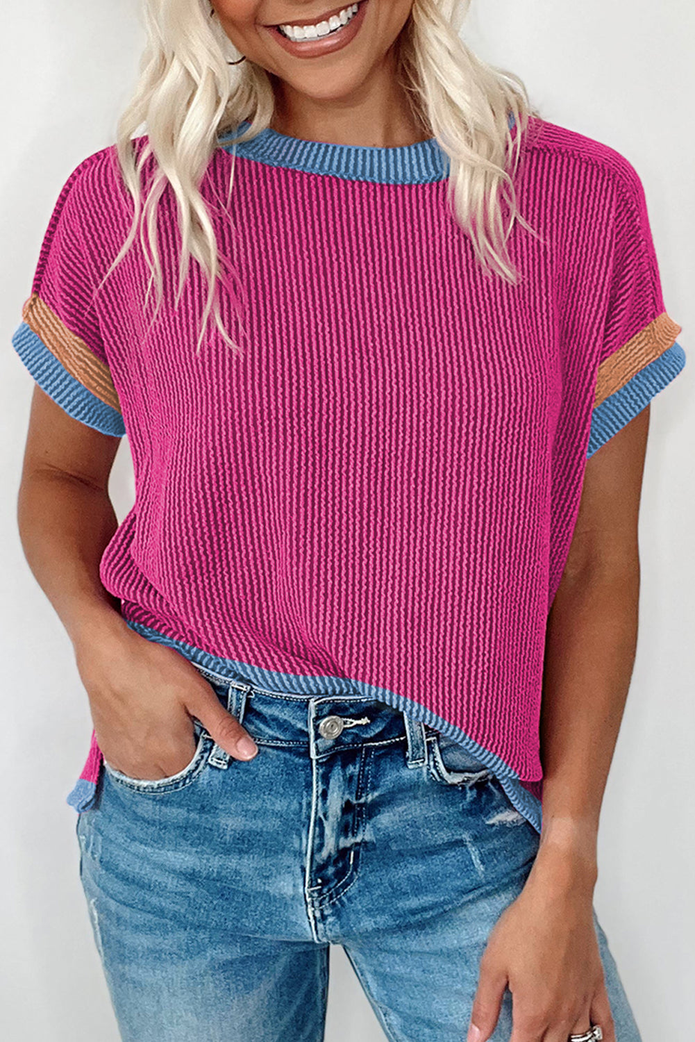 Bright Pink Textured Contrast Trim Round Neck T Shirt Bright Pink 75%Polyester+20%Viscose+5%Elastane