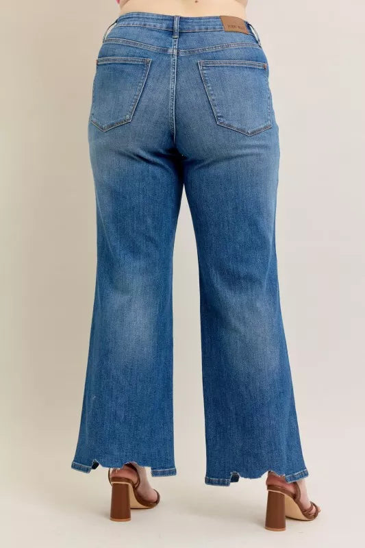 Judy Blue High Waist Tummy Control Chew Hem Destroy Wide Jeans 88932