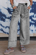 Gray Drawstring Seam Detail Raw Hem Wide Leg Jeans Gray 75%Cotton+23%Polyester+2%Elastane