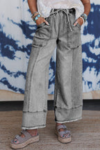 Gray Drawstring Seam Detail Raw Hem Wide Leg Jeans Gray 75%Cotton+23%Polyester+2%Elastane