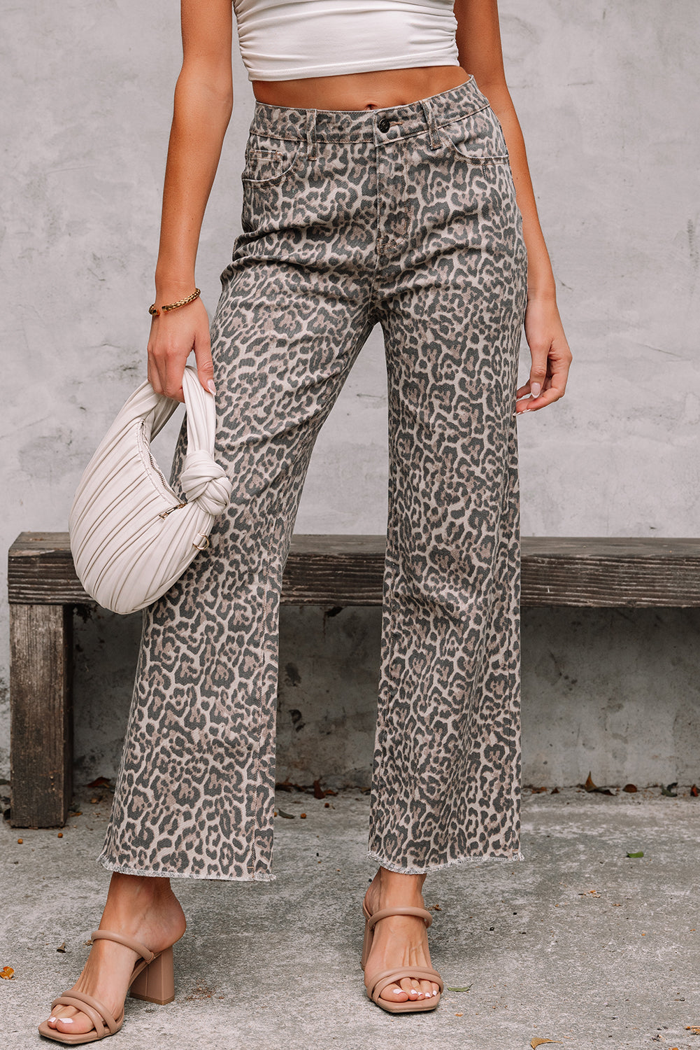 Brown Leopard Frayed Edge Wide Leg High Waist Jeans Brown 65%Cotton+33%Polyester+2%Elastane