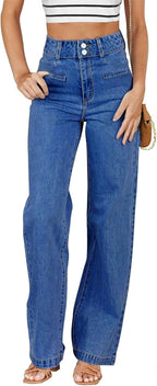 Sidefeel Women's Jeans High Waisted Straight Leg Stretchy Jeans Trendy Loose Wide Leg Zimbaplatinum Denim Pants with Pockets Blue