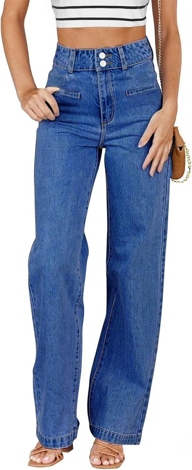 Sidefeel Women's Jeans High Waisted Straight Leg Stretchy Jeans Trendy Loose Wide Leg Zimbaplatinum Denim Pants with Pockets Blue
