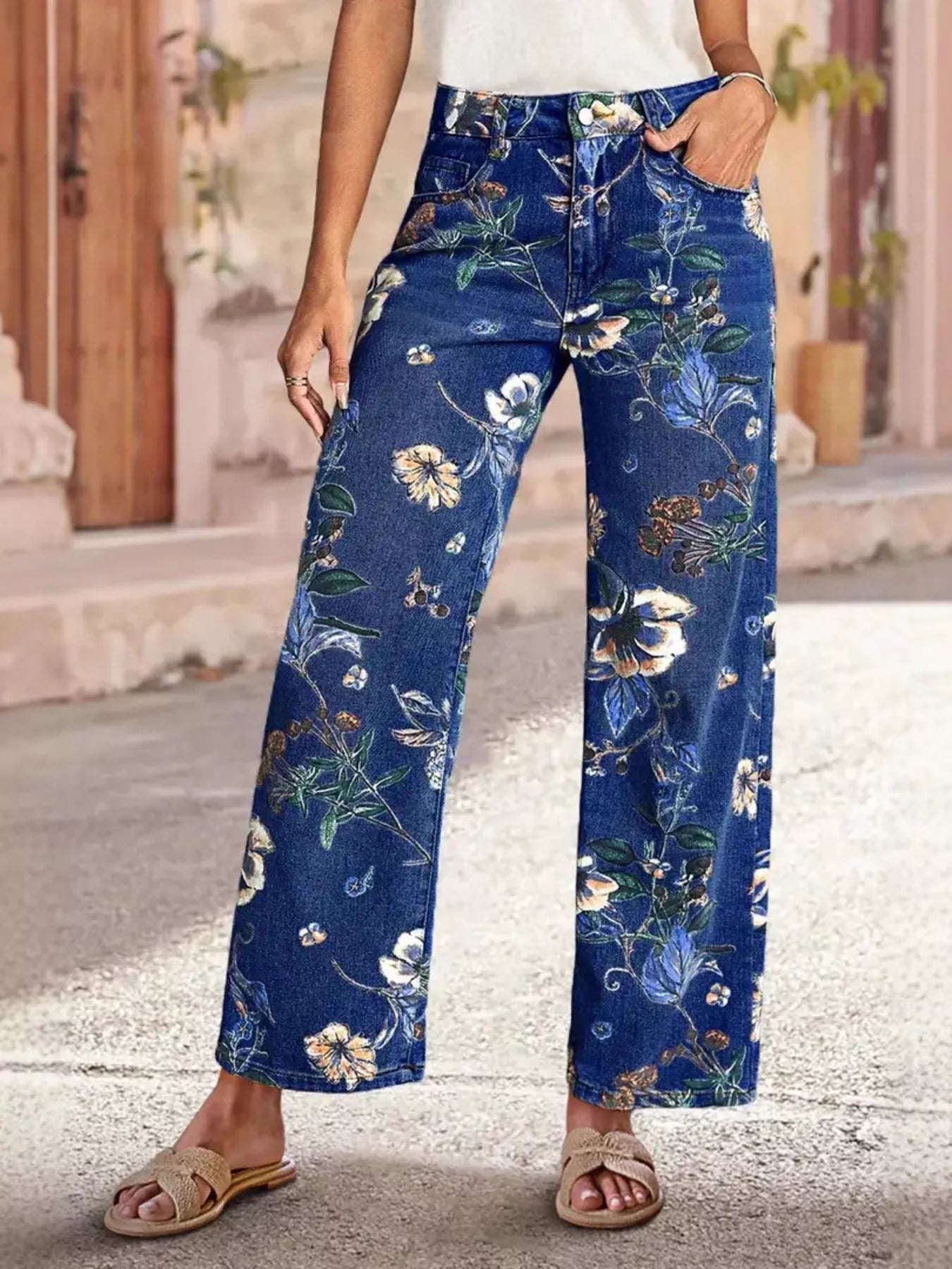 Floral Print Wide Leg Jeans Dark Blue