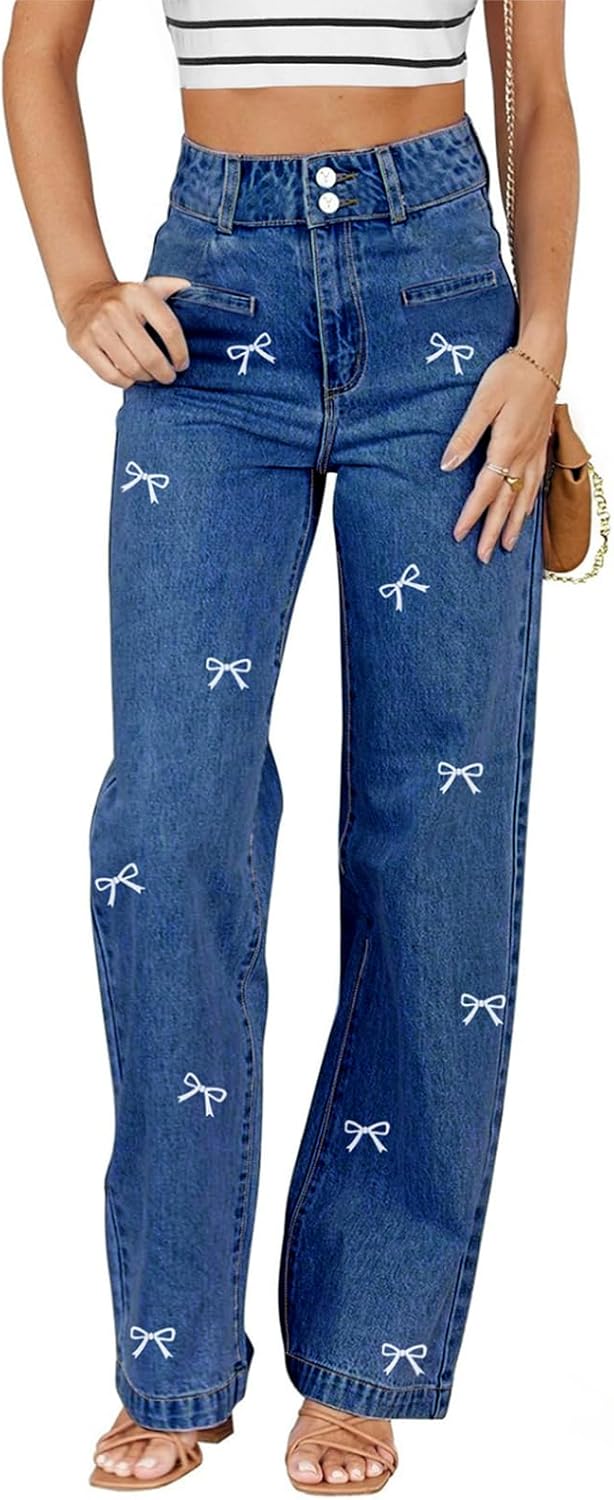 Sidefeel Women's Jeans High Waisted Straight Leg Stretchy Jeans Trendy Loose Wide Leg Zimbaplatinum Denim Pants with Pockets