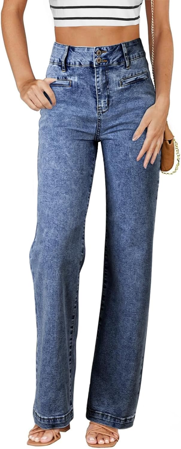 Sidefeel Women's Jeans High Waisted Straight Leg Stretchy Jeans Trendy Loose Wide Leg Zimbaplatinum Denim Pants with Pockets Washed Blue