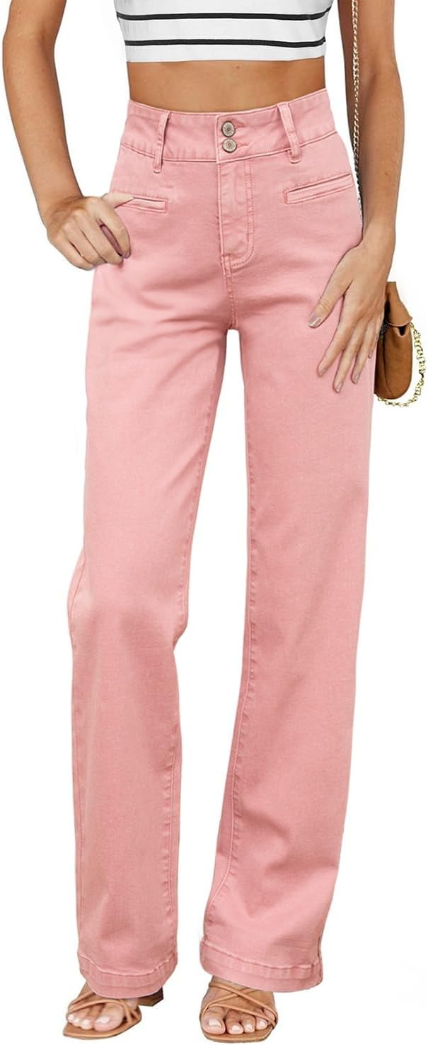 Sidefeel Women's Jeans High Waisted Straight Leg Stretchy Jeans Trendy Loose Wide Leg Zimbaplatinum Denim Pants with Pockets Pink