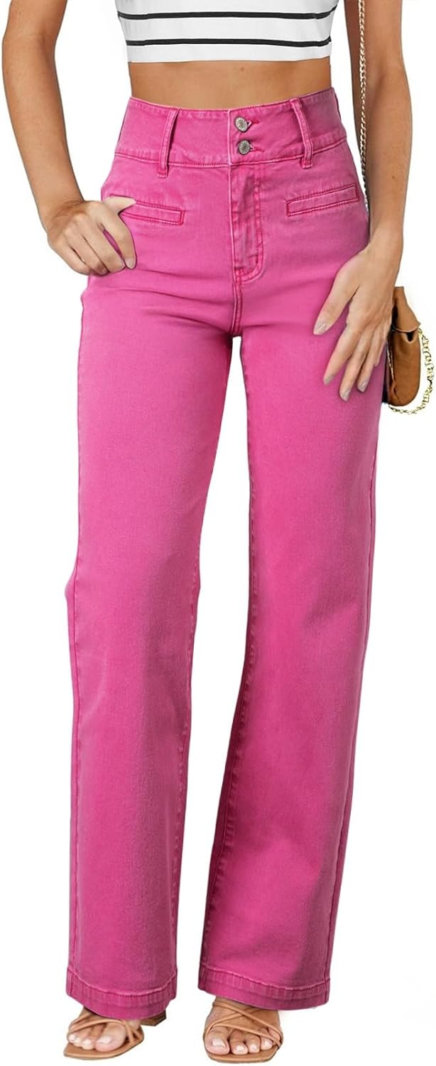 Sidefeel Women's Jeans High Waisted Straight Leg Stretchy Jeans Trendy Loose Wide Leg Zimbaplatinum Denim Pants with Pockets Hot Pink
